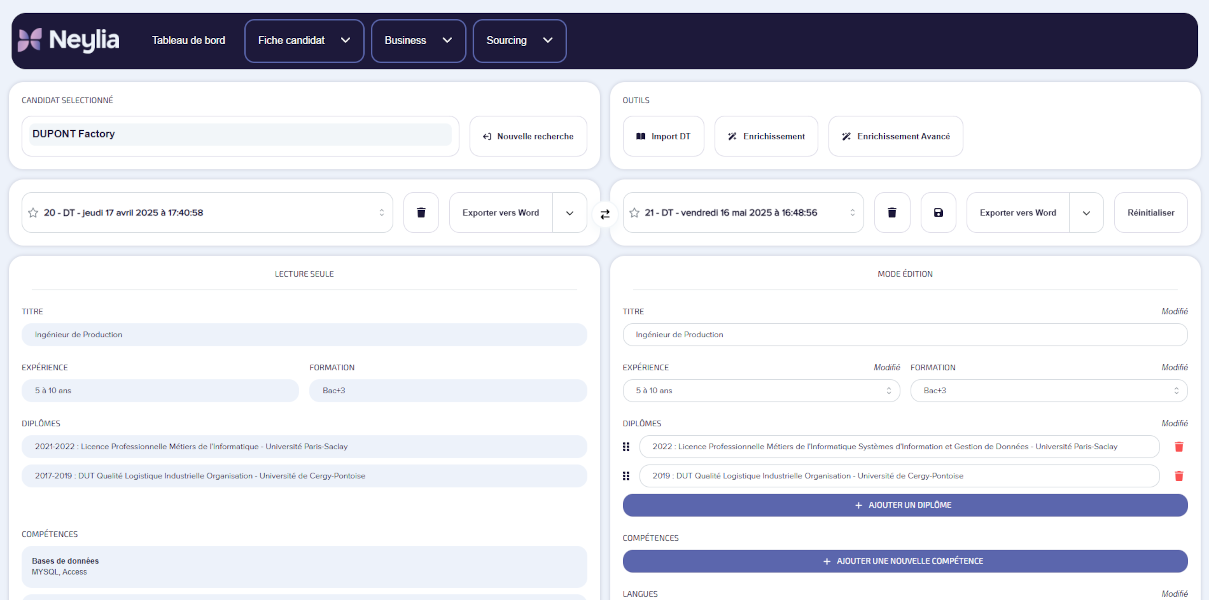 Capture d’écran de l’interface web Neylia utilisée pour la génération automatisée